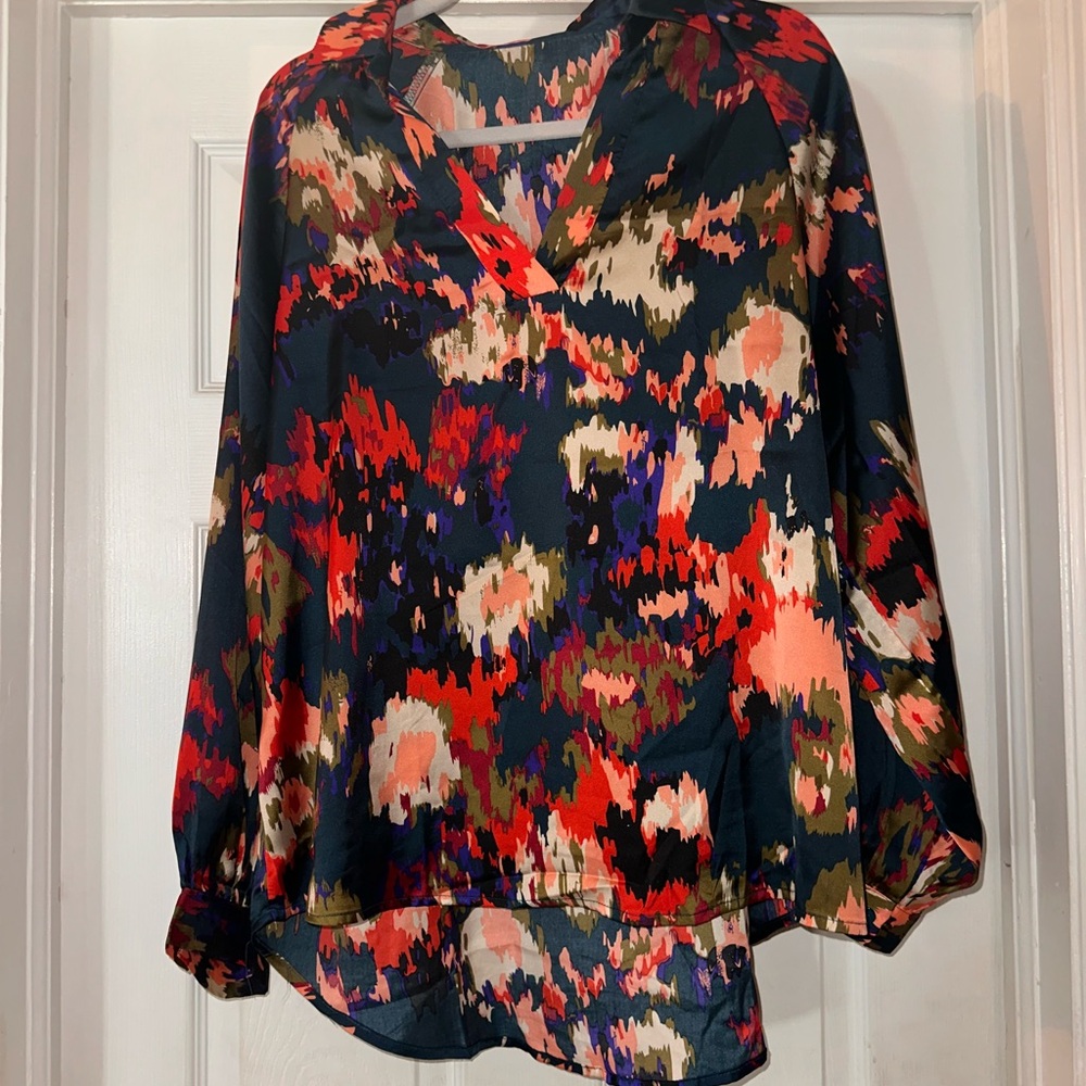 Red and Black Relaxed Long Sleeve Scoop Neck Blouse